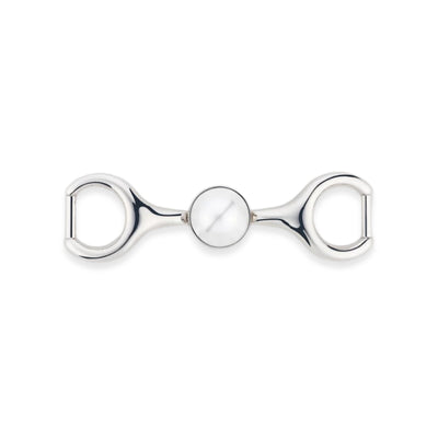 A silver metal accessory for the Shapen Versa Loafer. Chain is attached by a D shape on either side that tapers into holding a pearl detail in the middle against a white background. #color_gold-chain
