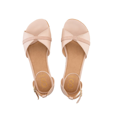 Light Rose Shapen Petal Sandals. Sandals are a peep toe style at the toe box and a heel cup attached to a thin, suede ankle strap. Both shoes are shown here from above against a white background. #color_light-rose