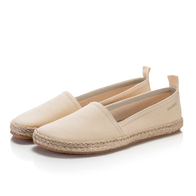 Beige canvas Shapen Espadrilles loafers with a pull tab and tan soles. Both shoes are shown facing diagonally left against a white background. #color_beige