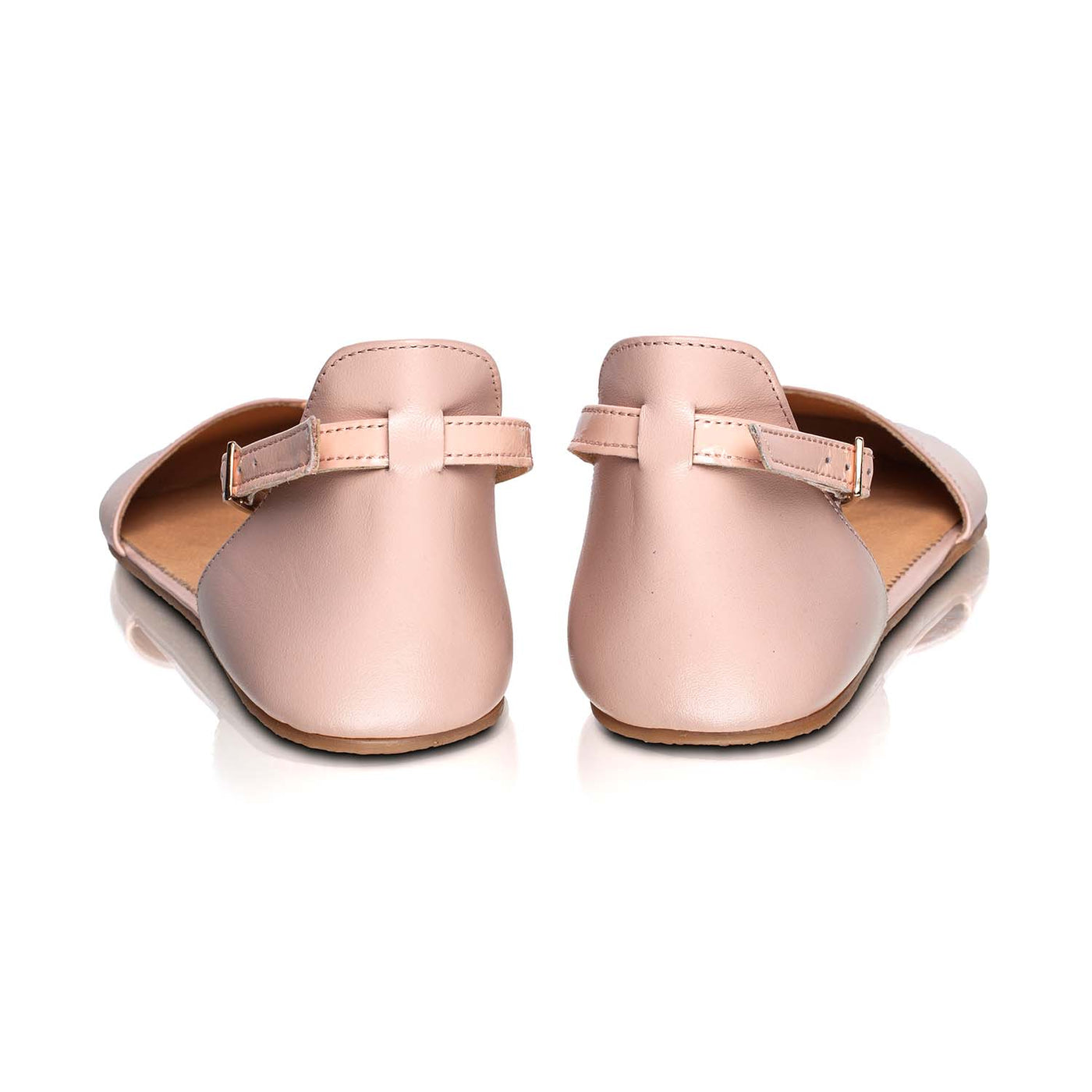 A photo of Shapen Poppy D’orsay dressy flats with a leather upper and rubber soles. The flats are a rose beige color with a heel cup and dainty ankle strap, the inside of the sole are a beige color. Both flats are shown from the back against a white background. #color_rose