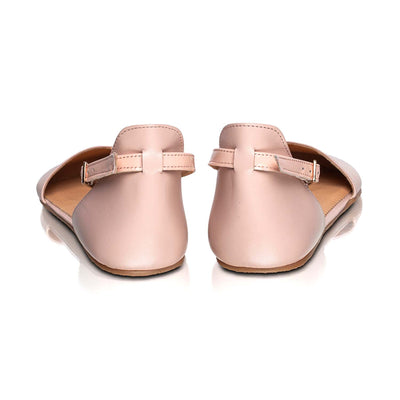 A photo of Shapen Poppy D’orsay dressy flats with a leather upper and rubber soles. The flats are a rose beige color with a heel cup and dainty ankle strap, the inside of the sole are a beige color. Both flats are shown from the back against a white background. #color_rose