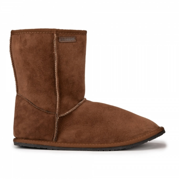 A photo of Zeezoo Dingo made with suede, sheepskin, and rubber soles. The boots are brown in color with an ugg style look. Right boot is shown from the right side against a white background. #color_brown