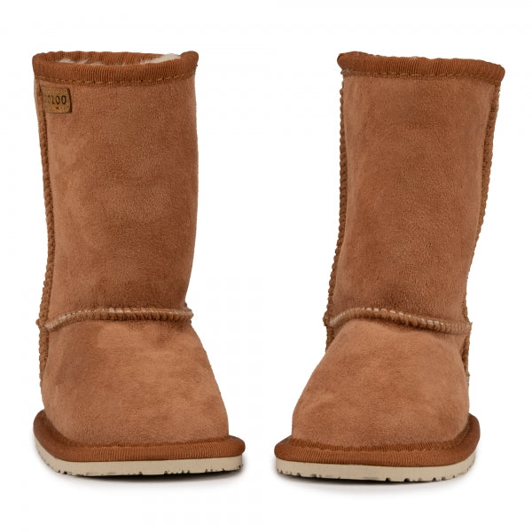 A photo of kids Zeezoo dingo boots made with suede lined with sheepskin and rubber soles. The boots are light brown in color and they go around the mid calf. The boots are shown beside each other from the front against a white background. #color_chestnut