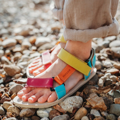 A photo of Zeezoo Olymp Rainbow sandals made from leather with velcro and a light beige leather topped rubber soles. The sandal straps are pink, light blue, orange, and yellow. The straps cross the front of the foot and a single strap runs along the outside of the top of the foot and around the ankle and heel. Both sandals are shown close diagonally from the front left on a womans feet wearing flowy beige linen pants rolled above the ankle standing on a rocky shore in the sun.  #color_rainbow-olymp