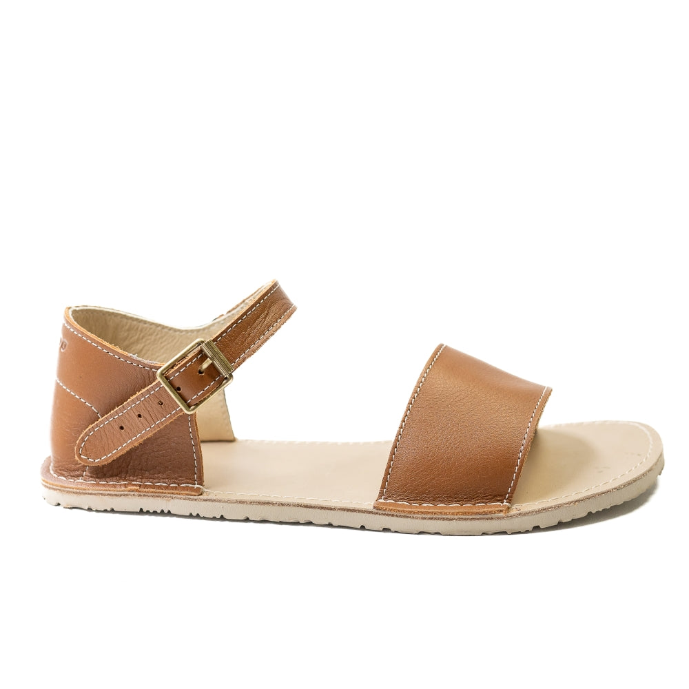 Brown Zeezoo Siren leather Sandals. The sandals have a front foot strap, a leather ankle strap, and a heel cup. Right shoe is shoen facing right against a white background. #color_brown