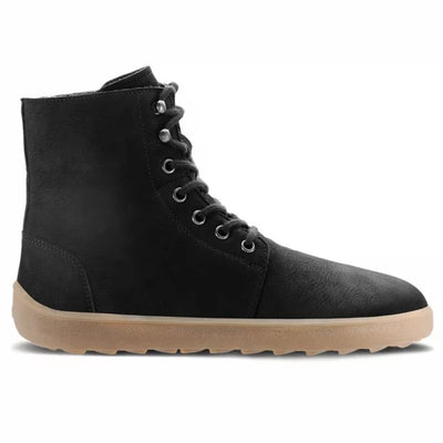 A photo of Be Lenka Winter Neo boots made with nubuck leather and rubber soles. The boots are black in color and a lace up style with wool inside. One boot is shown facing to the right side against a white background. #color_matte-black-nubuck