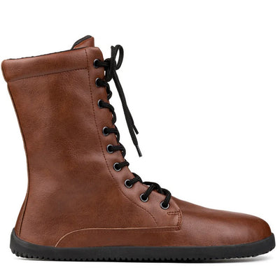 A photo of Ahinsa Jaya boots made from faux leather and rubber soles. The boots are brown in color the fit is mid calf and they have laces all the way up. One boot is shown from the right side against a white background. #color_brown