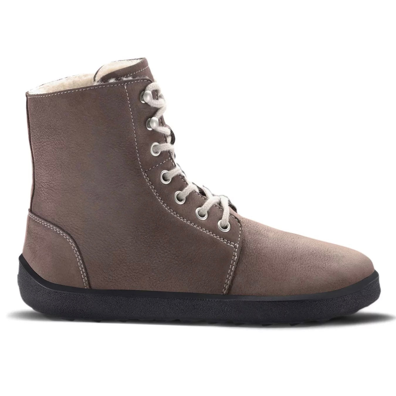 A photo of Be Lenka Winter Neo boots made with nubuck leather and rubber soles. The boots are chocolate brown in color and a lace up style with wool inside. One boot is shown facing to the right side against a white background. #color_chocolate-brown-nubuck