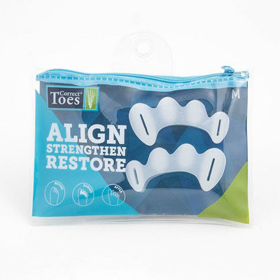 A photo of correct toes clear toe spacers made from silicone. The correct toes are shown in their packaging a clear bag with a blue zipper on top against a white background. 