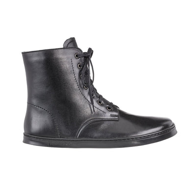 Black leather Peerko Go combat boots made with fleece lining, a black zipper, black laces, and black rubber soles. Right boot is shown facing right against a white background. #color_black