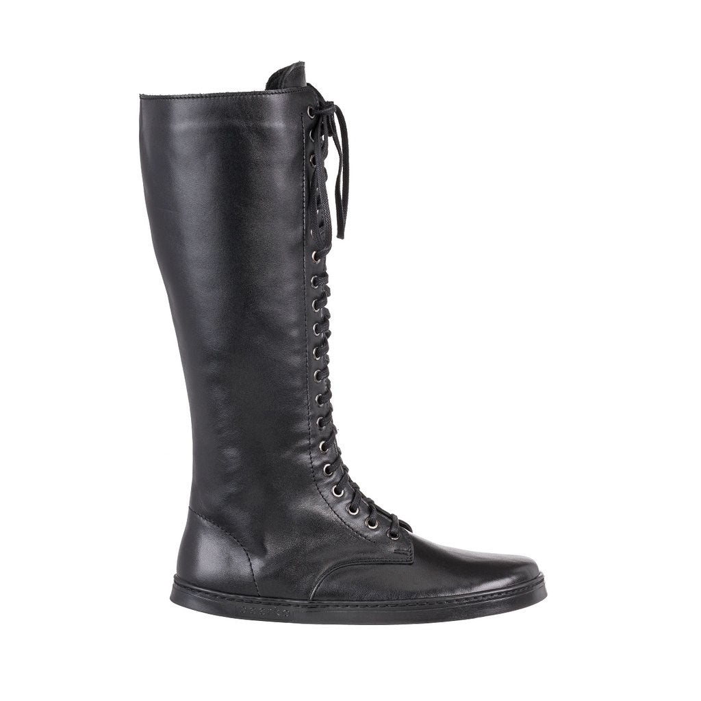 A photo of Peerko Empire boots made from leather and rubber soles. The boots are black in color, they are a tall riding boot style with laces all the way up and a side zipper. One boot is shown from the right side against a white background. #color_black
