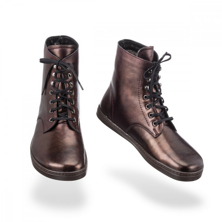 A photo of Peerko Frost combat boots made with smooth leather, wool, and rubber soles. The boots are chestnut metallic in color, wool lined, with silver speed hooks at the top. Both boots are shown floating forward angled slightly to the right against a white background. #color_chestnut
