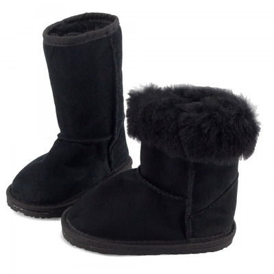 A photo of kids Zeezoo dingo boots made with suede lined with sheepskin and rubber soles. The boots are black in color and they go around the mid calf. Both boots are shown from left side with the right boots top folded down to show the fuzzy inside against a white background. #color_black
