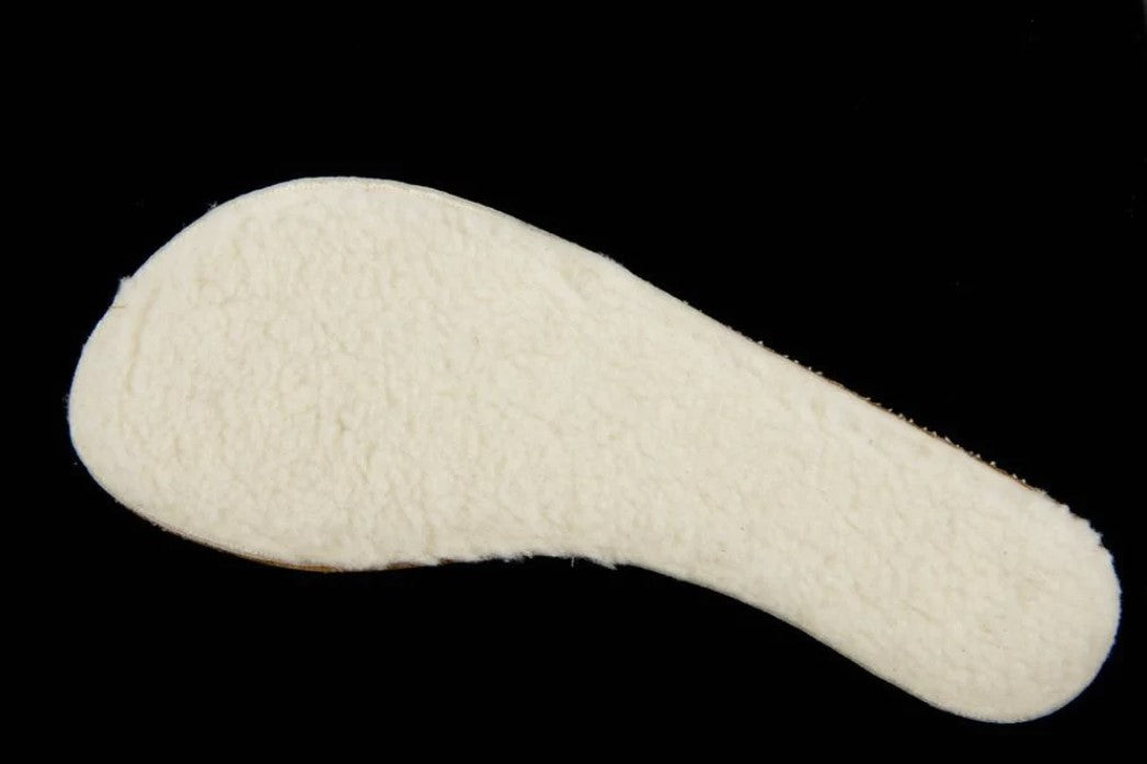 A faux fur insole shown from above on a black background #color_white