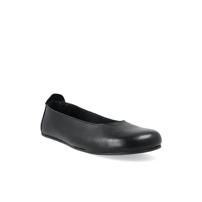 A black barefoot ballet flat shown diagonally from the right side of the right shoe on a white background #color_black