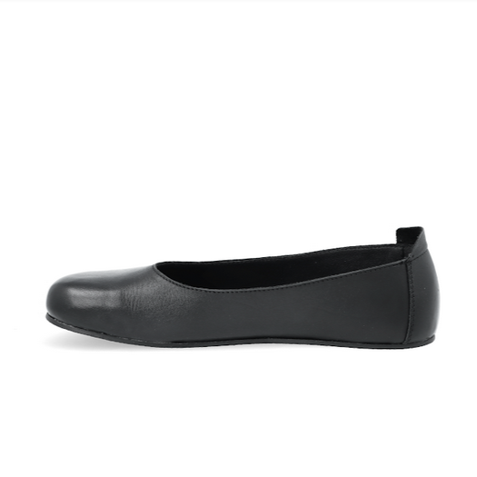A black barefoot ballet flat shown  from the left side of the right shoe on a white background #color_black