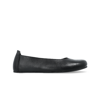 A black barefoot ballet flat shown from the right side of the right shoe on a white background #color_black
