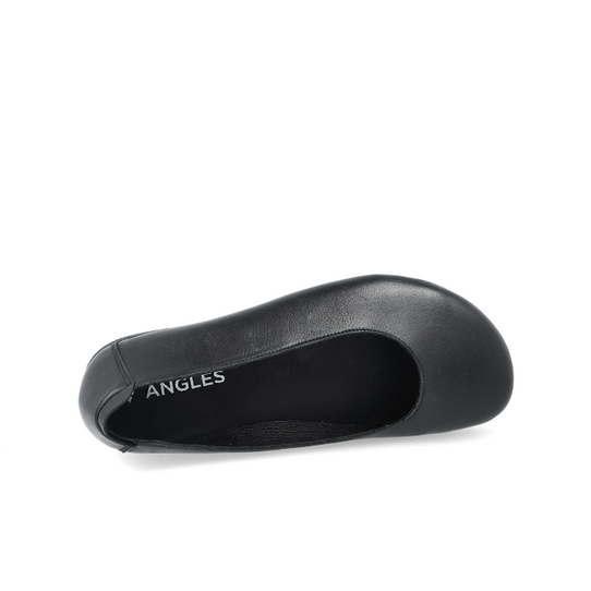 A black barefoot ballet flat shown from the top side of the left shoe on a white background #color_black