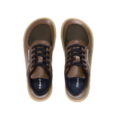 Photo 1 - A photo of Barebarics Bravo sneakers. The sneakers are made with gum rubber soles and carob brown textile fabric topped with carob brown leather borders around the toe box, laces, and heel. Laces are black. Right sneaker is shown here from the right side against a white background., Photo 2 - Both shoes are shown from the top down against a white background. #color_carob-brown