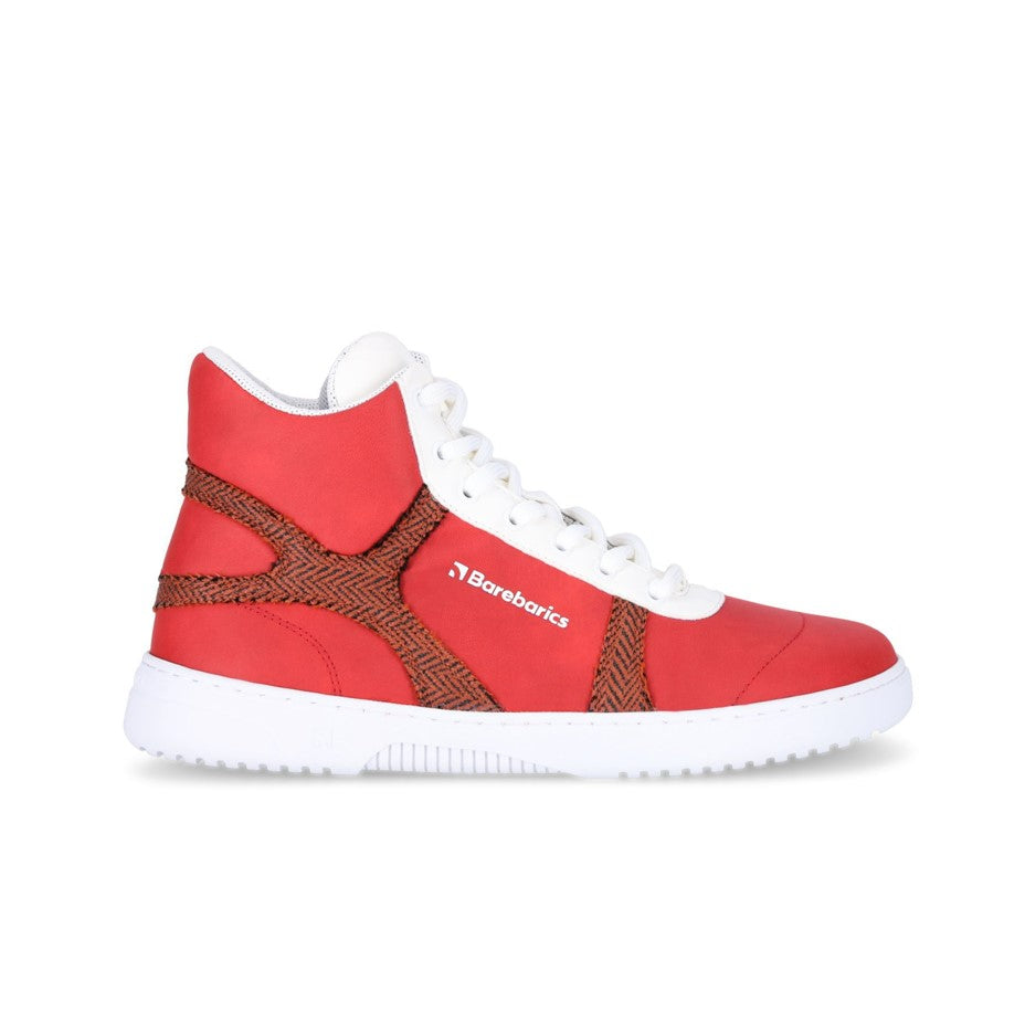 a red and white high top sneaker with a white sole shown from the right side on a white background #color_red_white