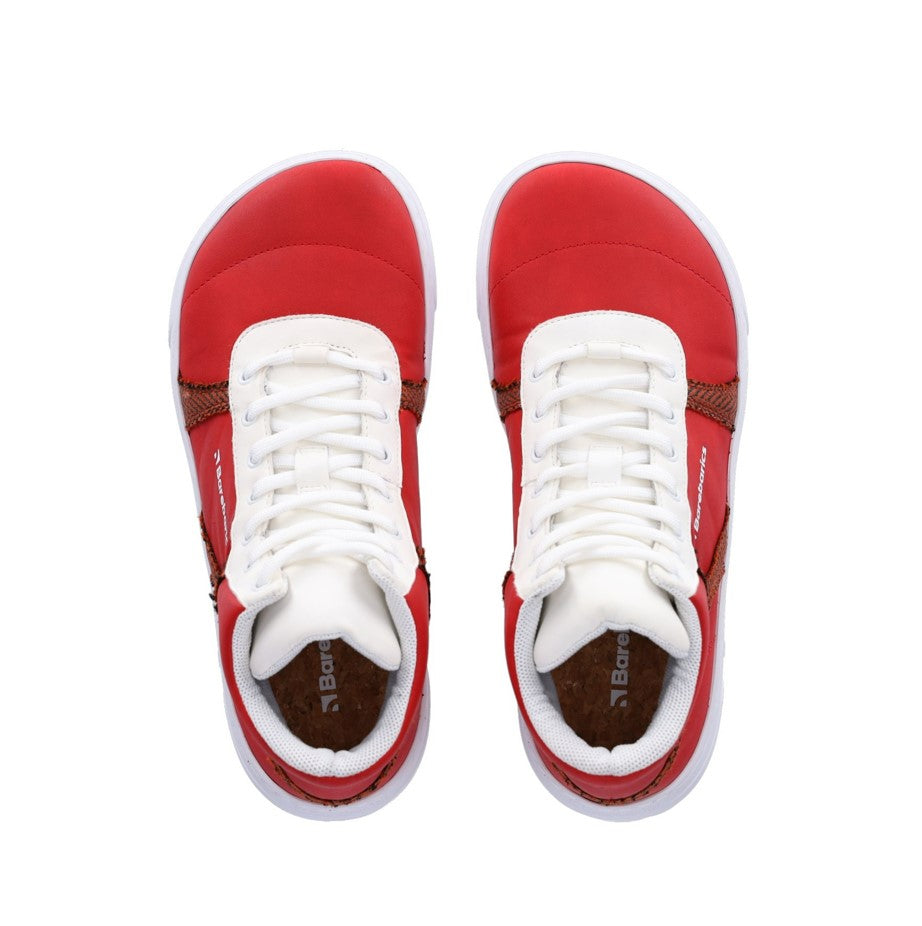 a red and white high top sneaker with a white sole shown from above on a white background #color_red_white