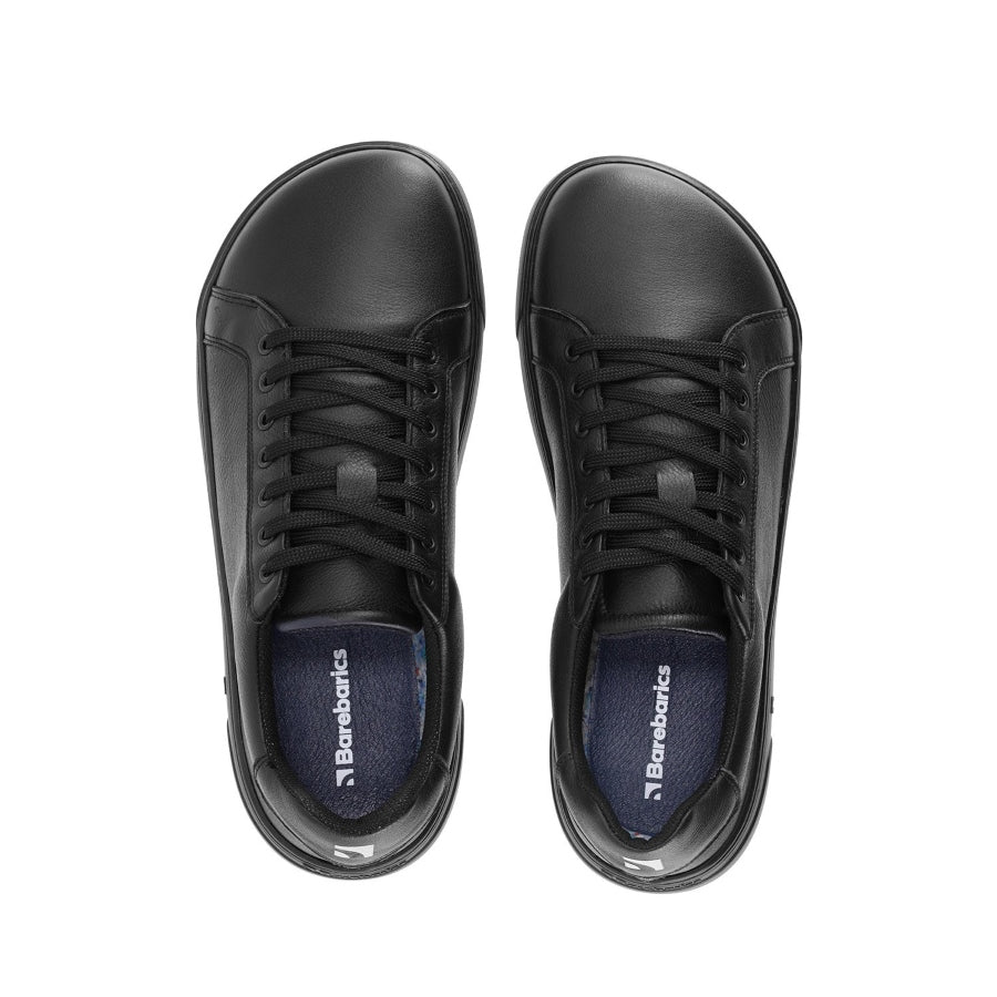 Photo 1 - A photo of Barebarics Zoom classic chunky leather sneakers in black. The right sneaker is shown here from the right side against a white background., Photo 2 - Both shoes are shown from the top down against a white background. #color_all-black