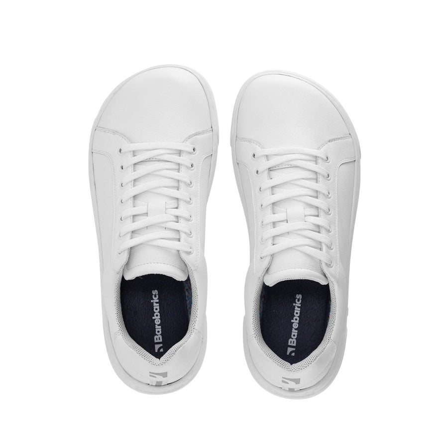 Photo 1 - A photo of Barebarics Zoom classic chunky leather sneakers in white. The right sneaker is shown here from the right side against a white background., Photo 2 - Both shoes are shown from the top down against a white background. #color_all-white