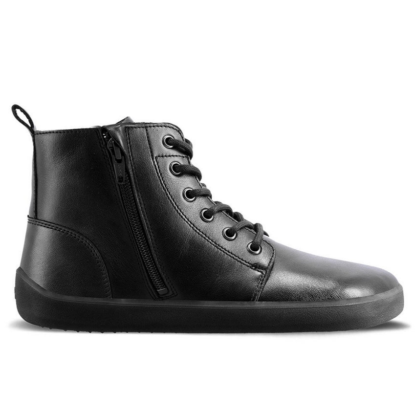 A photo of Be Lenka Atlas ankle zip up boots made from smooth leather and rubber soles. The boots are black in color with black laces, zippers, a pull tab in the back, and lined with felt. The left boot is shown from the left zipper side against a white background. #color_black