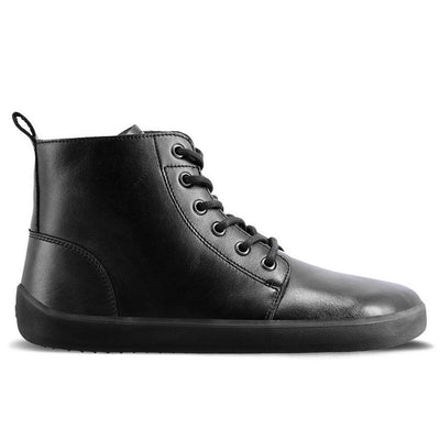 A photo of Be Lenka Atlas ankle zip up boots made from smooth leather and rubber soles. The boots are black in color with black laces, zippers, a pull tab in the back, and lined with felt. The right boot is shown from the right side against a white background. #color_black