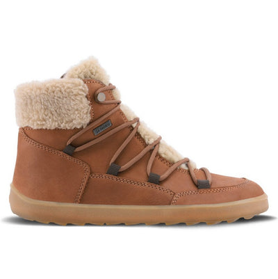 A photo of Belenka Bliss Boots made from nubuck leather and tan rubber soles. The boots are brown in color, have a fleece tongue and around the top. The laces are wide across the boot top and have speed hooks at the by the top. One boot is shown from the right side against a white background. #color_brown