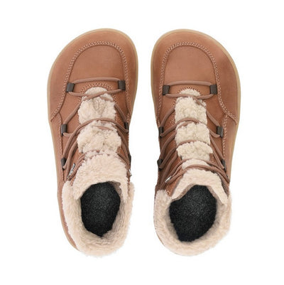 A photo of Belenka Bliss Boots made from nubuck leather and tan rubber soles. The boots are brown in color, have a fleece tongue and around the top. The laces are wide across the boot top and have speed hooks at the by the top. Both shoes are shown beside each other from the top against a white background. #color_brown