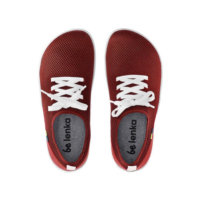 Photo 1 - Be Lenka Dash mesh sneakers in wine red. Sneakers feature a wine red mesh fabric with white laces, white soles, and a wine red overlaying soft fabric cupping the bottom of the heel. The mesh fabric surrounds the entire shoe and laces are woven within the fabric. Shoe is shown from the right side with a white background., Photo 2 - Be Lenka Dash mesh sneakers in wine red.  Both shoes are shown from the top down against a white background. #color_wine-red