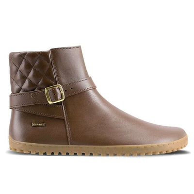 A photo of Be Lenka Diva boots in dark brown with tan soles. Boots are made from dark brown leather. A quilted leather design is present in the back, a silver buckle on the side, a strap around the ankle, and a zipper. Right shoe is shown from the right side against a white background. #color_dark-brown