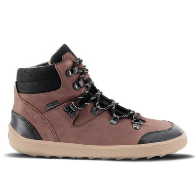 A photo of Be Lenka Ranger boots made with oiled nubuck leather, fleece, and rubber soles. The boots are a hiking boot style and are brown in color with black trim and a fleece lining. One boot is shown from the right side against a white background. #color_dark-brown