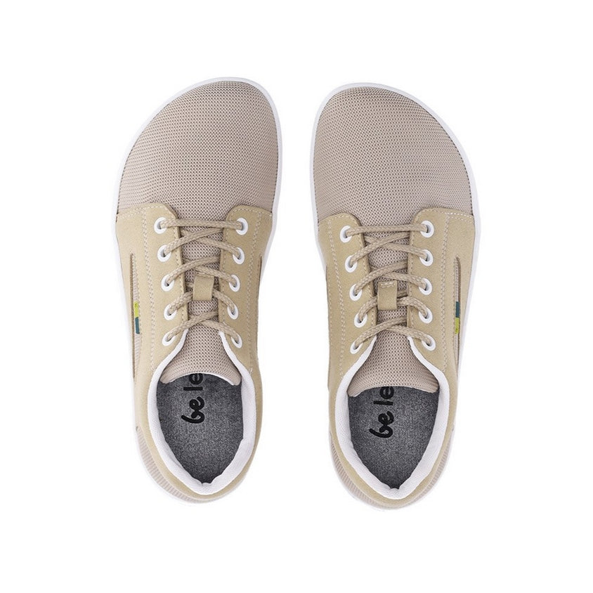 Photo 1 - Be Lenka Whiz mesh sneakers in beige. Sneakers feature a grey mesh fabric with an overlaying soft fabric around the top of the heel, on the bottom sides, and surrounding the lace eyelets. A triangle cut out shows the mesh fabric under the soft fabric on the sides of the sneaker. Shoe is shown from the right side with a white background., Photo 2 - Be Lenka Whiz mesh sneakers in beige. Both shoes are shown from the top down against a white background. #color_beige