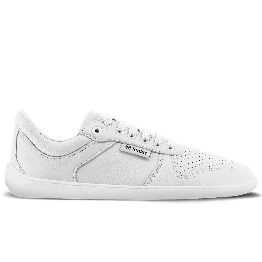 A photo of Be Lenka Champ sneakers made from leather and white rubber soles. The sneakers are white in color with perforation on the toe box and detail stitching. The right sneaker is shown from the right side against a white background. #color_white