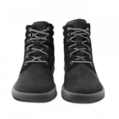 A photo of Be Lenka Nevada Boots made from nubuck leather and rubber soles. The boots are black in color, they are combat boot style with laces a padded color and a chunky eyelets. Both boots are shown beside each other from the front against a white background. #color_black