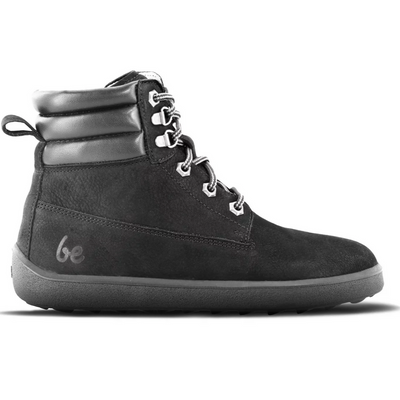 A photo of Be Lenka Nevada Boots made from nubuck leather and rubber soles. The boots are black in color, they are combat boot style with laces a padded color and a chunky eyelets. One boot is shown from the right side against a white background. #color_black