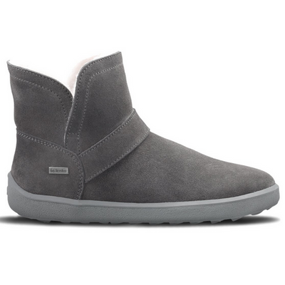 A photo of Belenka Polaris made from nubuck leather, sheepskin, and rubber soles. The boots are grey in color they are a slip on with sheepskin inside. One boot is shown from the right side against a white background. #color_grey