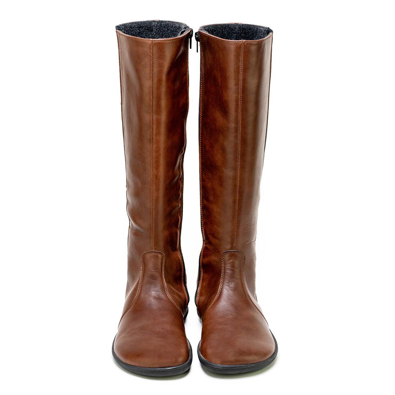A photo of Belenka Sierra made from smooth leather, fleece, and rubber soles. The boots are brown in color with a tall riding boot elastic paneled shaft lined with fleece. Both boots are shown beside each other from the front against a white background. #color_dark-brown