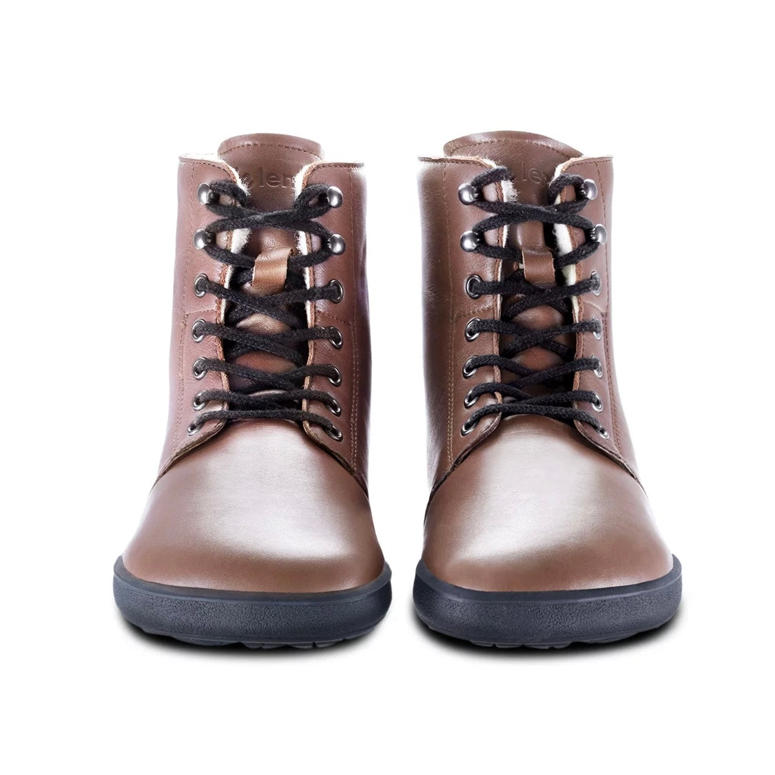 A photo of Be Lenka Winter Neo boots made with leather and rubber soles. The boots are brown in color and a lace up style with wool inside. Both boots are shown beside each other from the front against a white background. #color_brown-smooth-leather