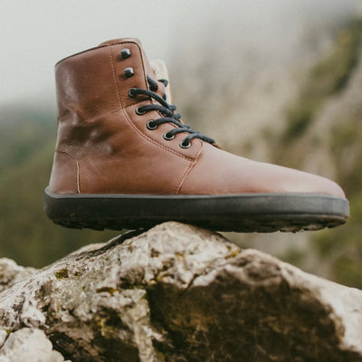 A photo of Be Lenka Winter Neo boots made with leather and rubber soles. The boots are brown in color and a lace up style with wool inside. One boot is shown balancing on a rock from the right side there are rocks and grass in the distance. #color_brown-smooth-leather