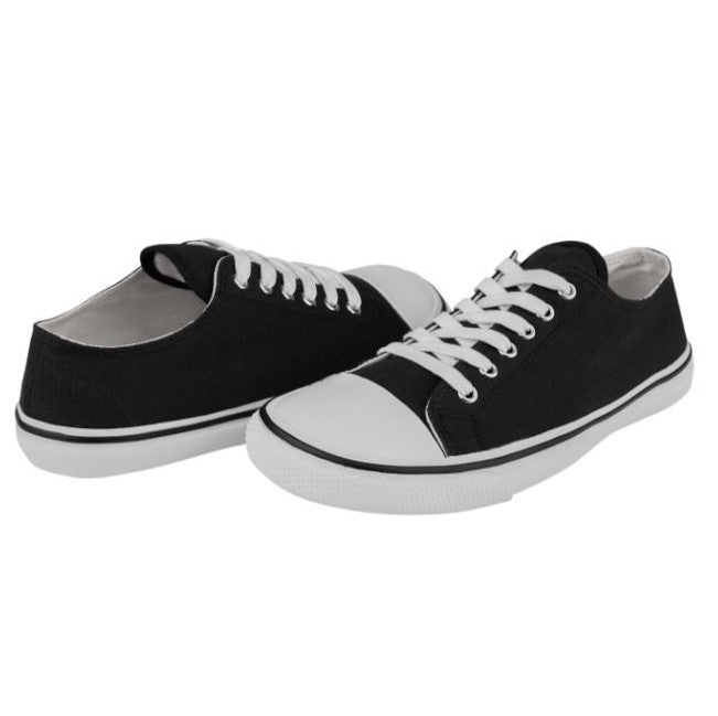 A photo of Bohempia Herlik canvas sneakers made from canvas and rubber soles. The sneakers are a black color with a white toe cap and a black outline around the white rubber soles. Both sneakers are shown together with the right sneaker shown from the right side and the left sneaker shown from the left side on a white background. #color_black-white