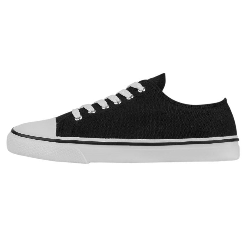 A photo of Bohempia Herlik canvas sneakers made from canvas and rubber soles. The sneakers are a black color with a white toe cap and a black outline around the white rubber soles. The left sneaker is shown from the left side against a white background. #color_black-white