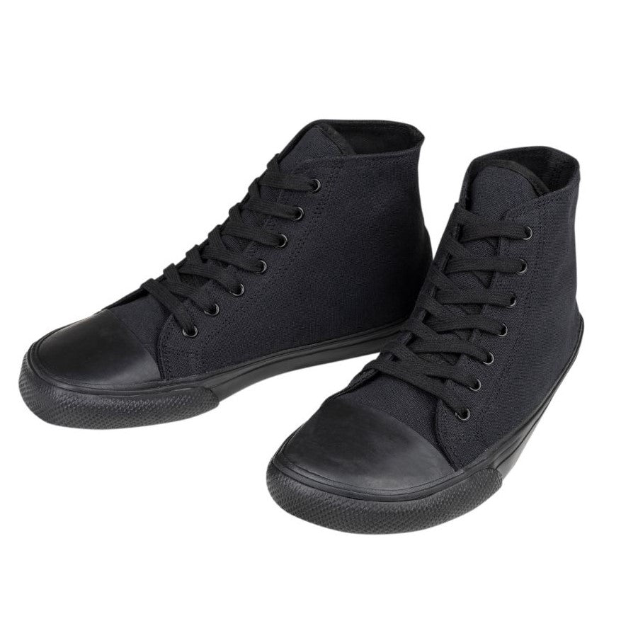 A photo of Bohempia Orik canvas high tops made from canvas and rubber soles. The sneakers are a black color with a black toe cap. Both shoes are shown beside each other facing toward the left against a white background. #color_black