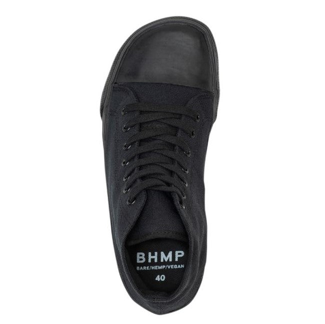 A photo of Bohempia Orik canvas high tops made from canvas and rubber soles. The sneakers are a black color with a black toe cap. The left shoe is shown from the top against a white background. #color_black
