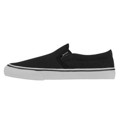 A photo of Bohempia Velik slip on sneakers made from canvas and rubber soles. The sneakers are a black color and white soles with a black stripe around the sole. The left shoe is shown from the left side on a white background. #color_black-white