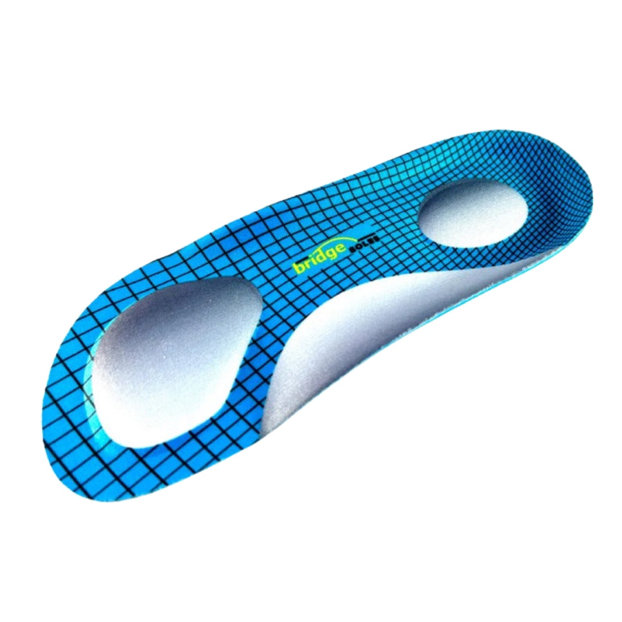 A photo of P.R. Gear Bridge Soles insoles in blue, size large. Insoles are 3/4ths the shoe length, have metatarsal pads, a soft flexible arch, and a deep heel cup. Right insole is shown diagonally from the left side.