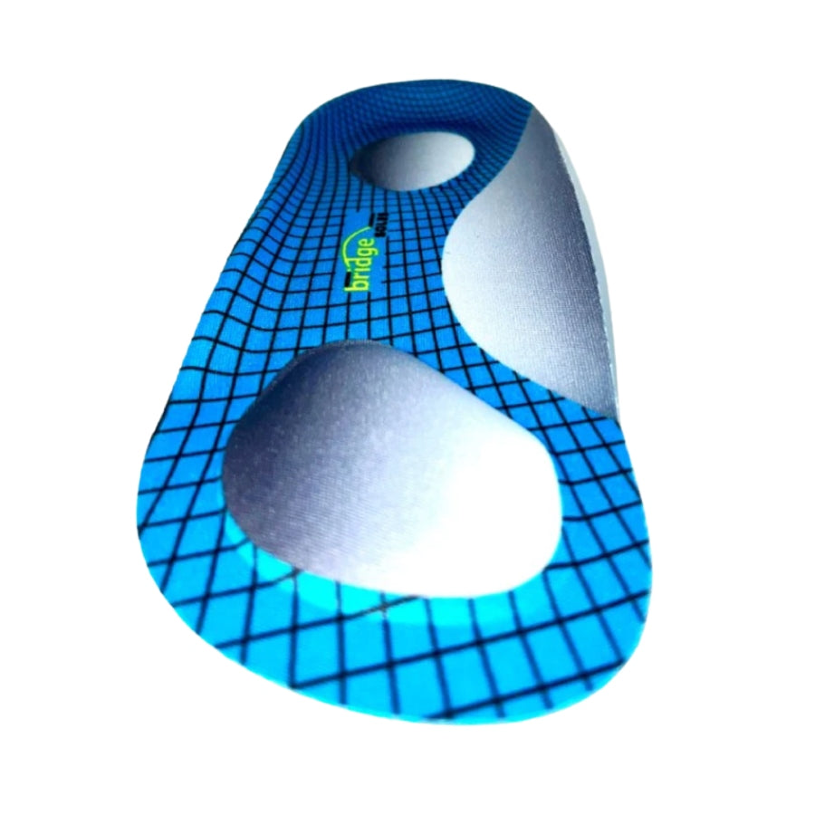 A photo of P.R. Gear Bridge Soles insoles in blue, size large. Insoles are 3/4ths the shoe length, have metatarsal pads, a soft flexible arch, and a deep heel cup. Right insole is shown from the front.