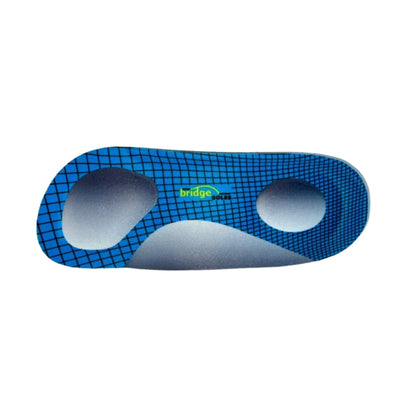 A photo of P.R. Gear Bridge Soles insoles in blue, size large. Insoles are 3/4ths the shoe length, have metatarsal pads, a soft flexible arch, and a deep heel cup. Right insole is shown from the top down facing left.